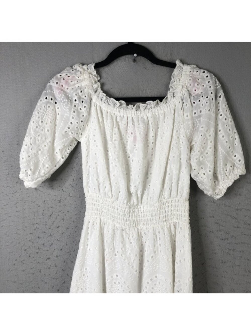 Betsey Johnson Dress Womens S White Eyelet Lace Smocked Midi Puff Sleeve Boho - Picture 9 of 16